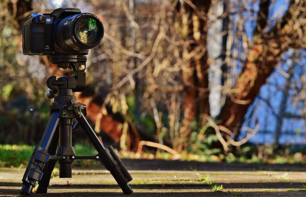 Professional DSLR camera mounted on a tripod outdoors ready for a photoshoot, showcasing photography equipment in a natural setting.