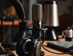 a close up shot of headphones and microphone on a desk