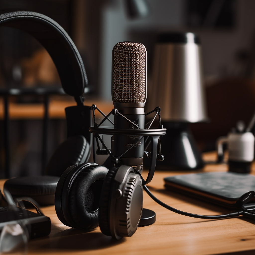 a close up shot of headphones and microphone on a desk