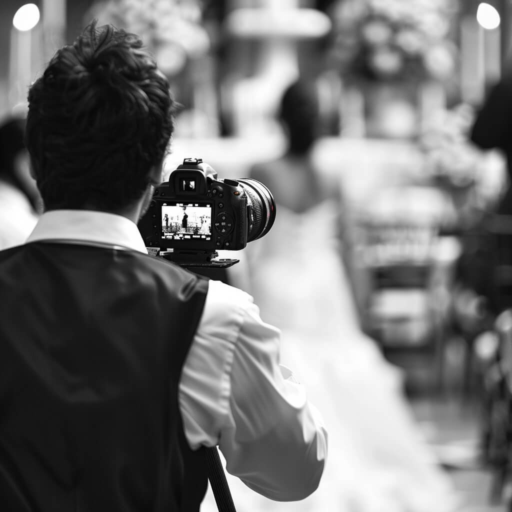 Wedding photographer capturing bride walking down the aisle, as seen on DSLR camera's screen, with a bokeh effect in a black and white setting