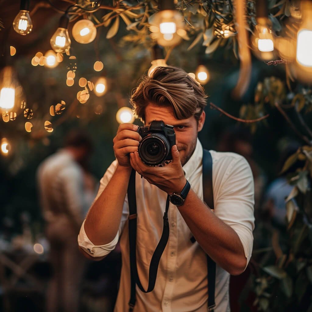 Smiling male photographer with beard focusing camera at outdoor wedding event surrounded by warm string lights and foliage