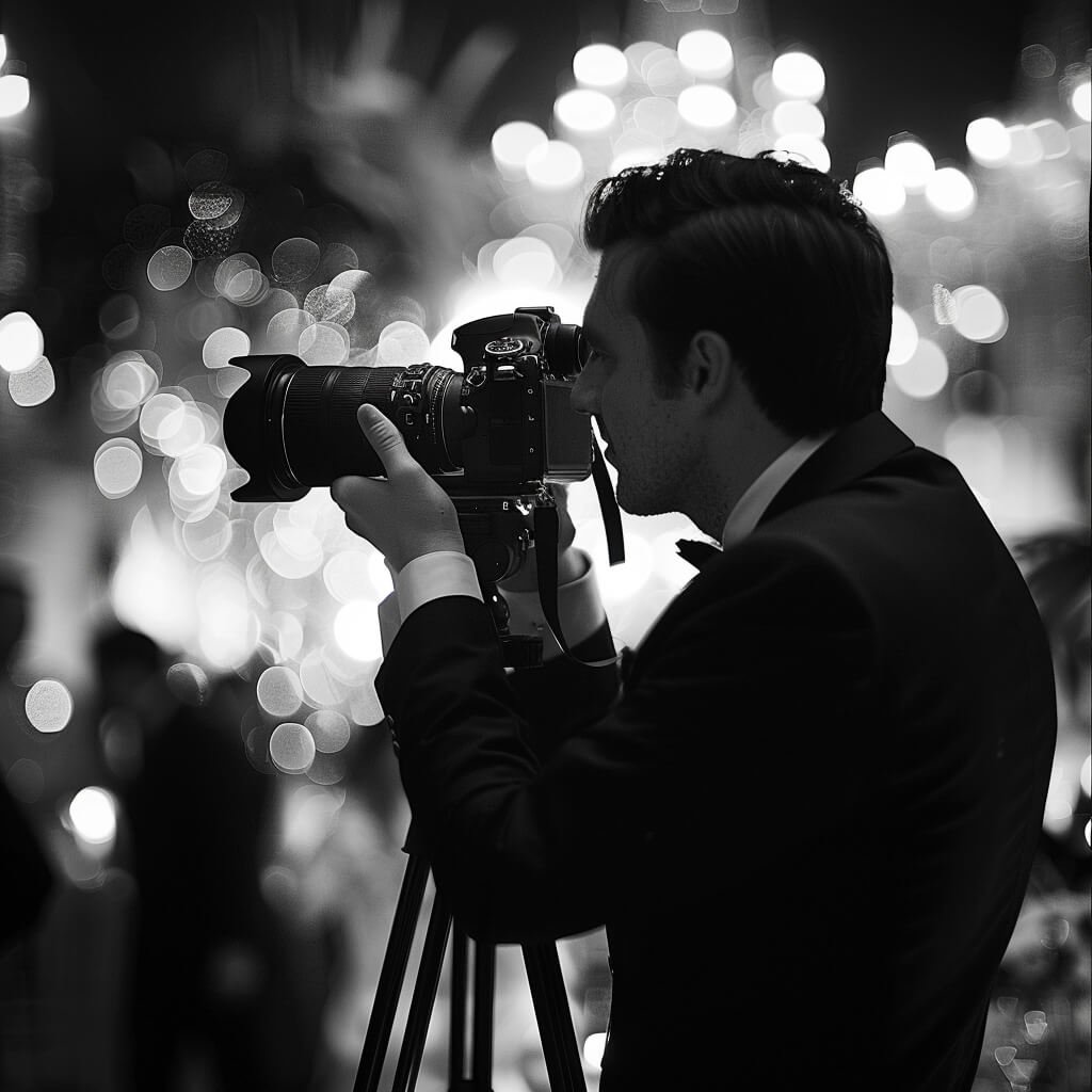 Photographer in black suit taking pictures with DSLR camera on tripod at night event with bokeh light background