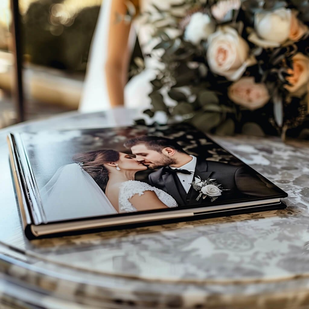 Elegant wedding photo album open on table displaying a close-up of a bride and groom kissing, with floral arrangements in the background