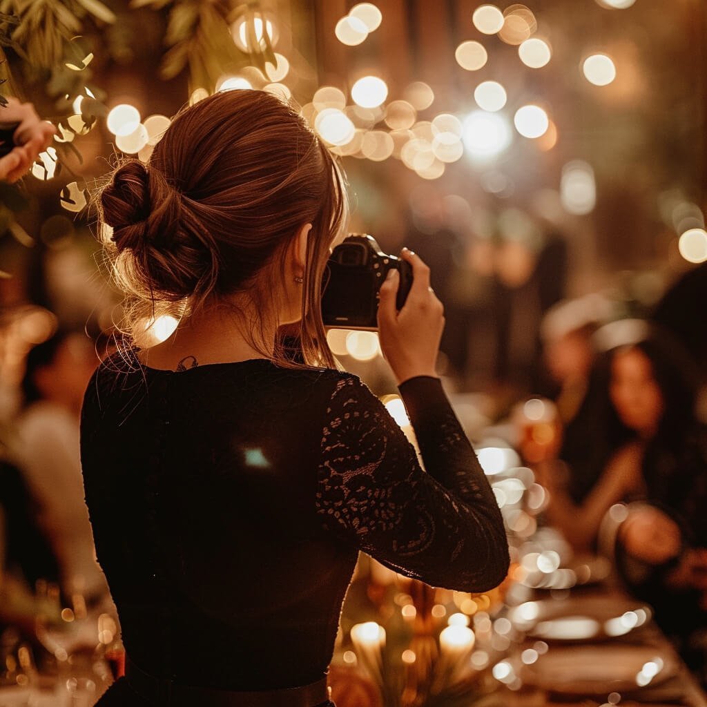 Female photographer capturing a moment at a warmly lit evening event, with a focus on her elegant updo hairstyle and the camera in hand